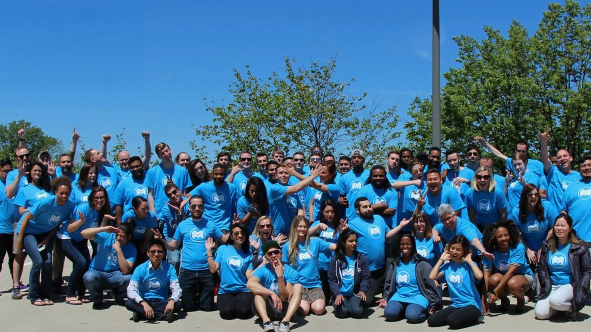 Company team photo with blue shirts
